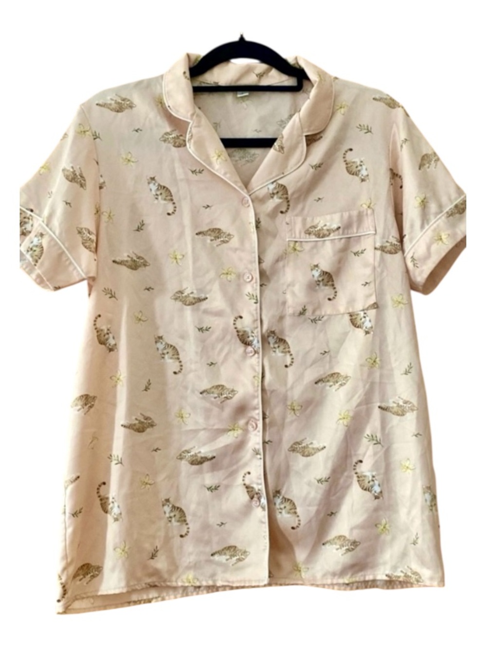 GU Pink Cat Print Pajama Shirt Satin Feel Lounge Sleep Top Large